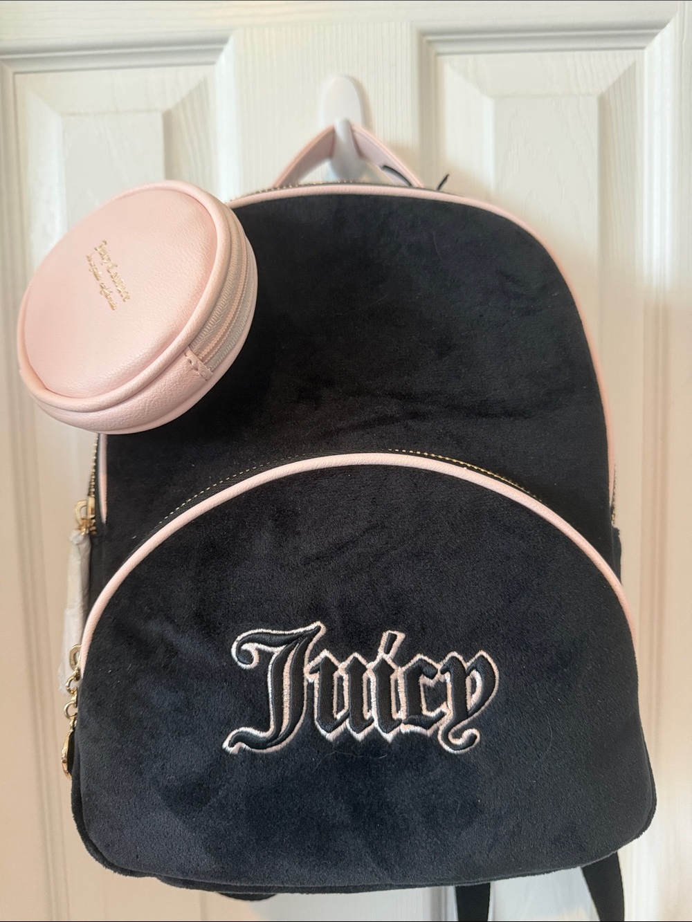 Juicy Couture Black with Pale Pink Trim Velvet Mini Backpack NWT!